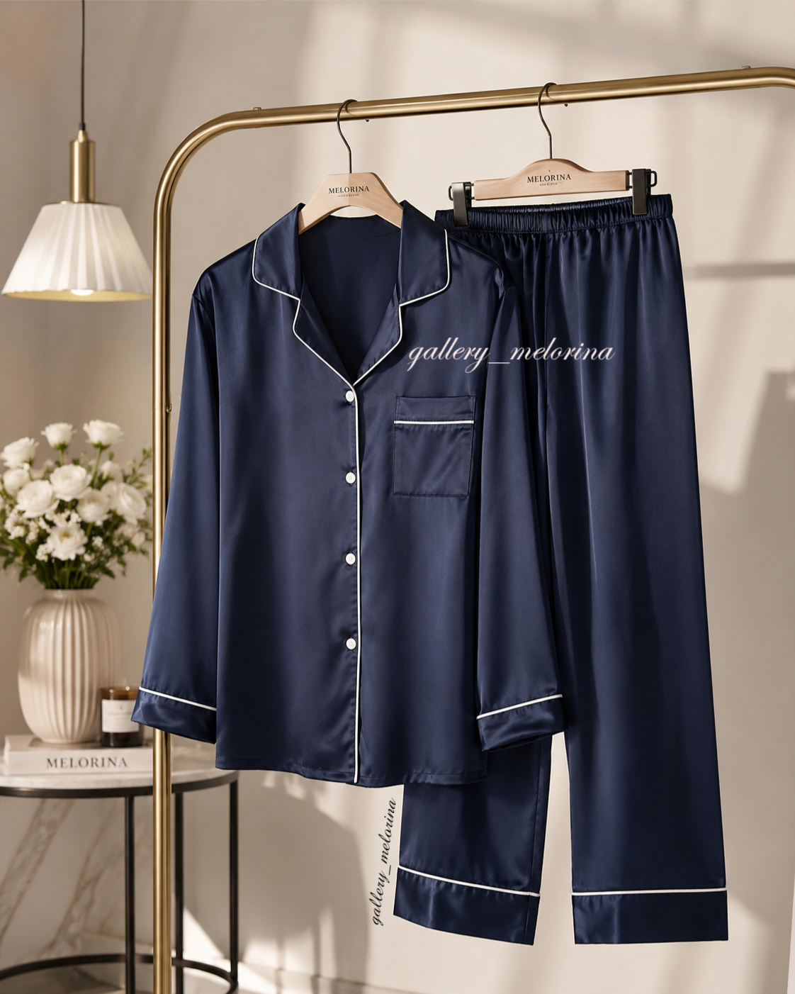 لباس خواب یونیسکس سرمه‌ای،لباس خواب ساتن ابریشم زنانه ومردانه(Couple Pajamas)،لباس راحتی سرمه‌ای شیک